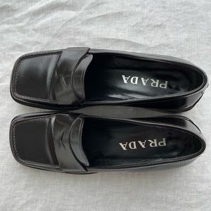 Dark Brown PRADA leather square toe loafers
